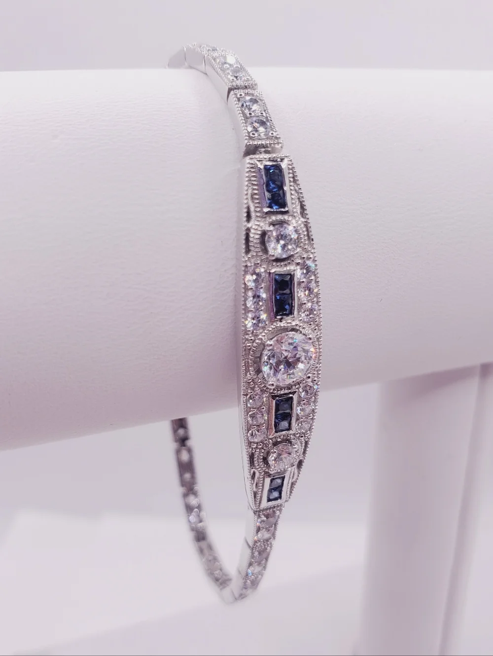 925 Sterling Silver Sapphire Blue CZ & Diamond Simulant Bracelet